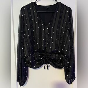 Black and White Ruched Long Sleeve Blouse with hearts